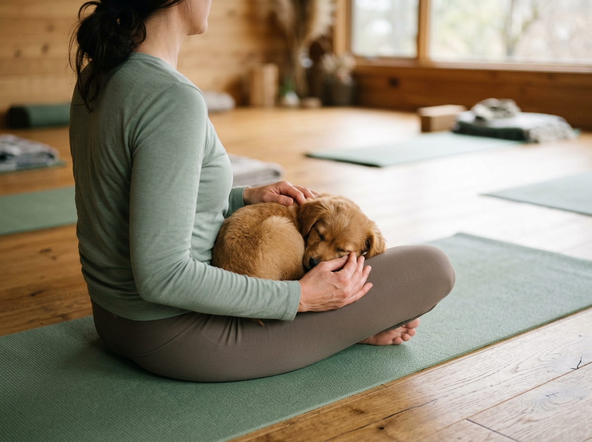 A person sits cross-legged on a mat holding a puppy in their lap, face turned away.
